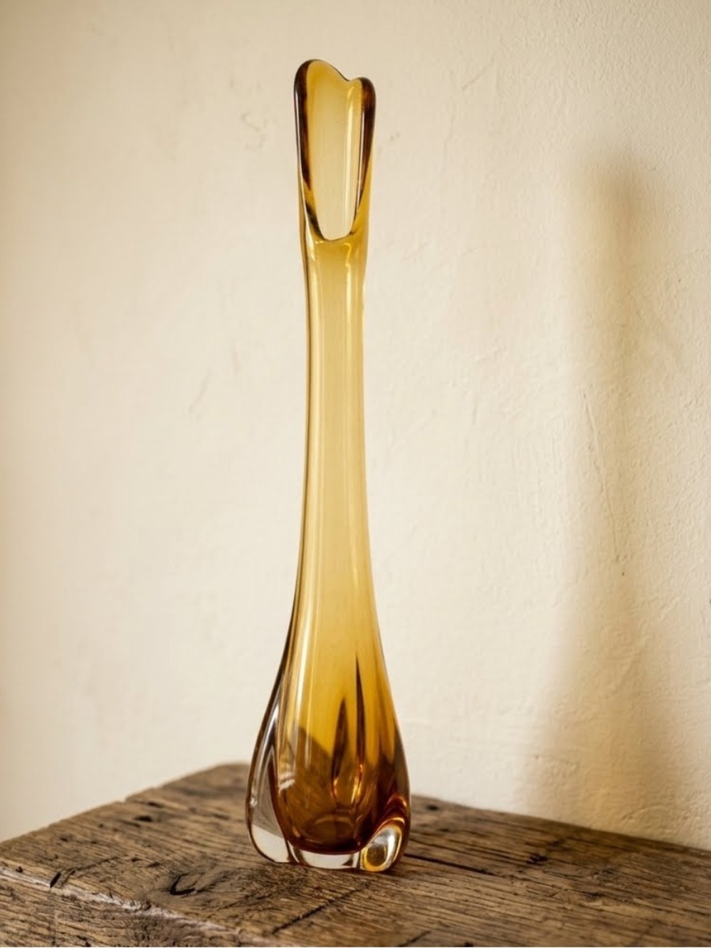 Vintage Viking Glass Epic Drape Amber Swung Bud Vase 
11.5” MCM Art Glass